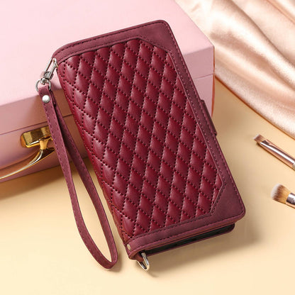 For iPhone 13 Pro 6.1 inch 005 Wallet Design Folio Flip Magnetic Phone Cover Rhombus Grid Texture PU Leather Zipper Pocket Stand Case