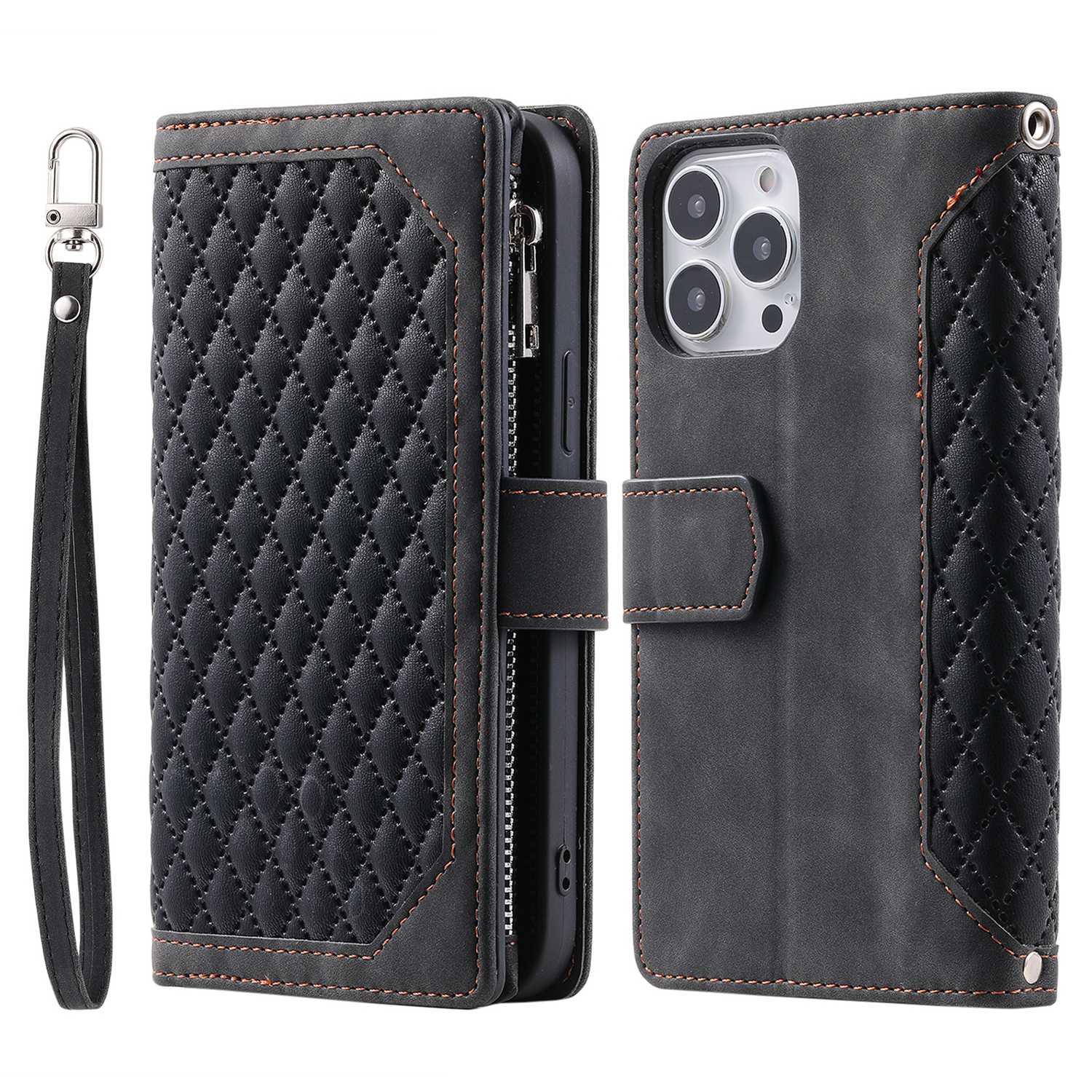 For iPhone 13 Pro 6.1 inch 005 Wallet Design Folio Flip Magnetic Phone Cover Rhombus Grid Texture PU Leather Zipper Pocket Stand Case