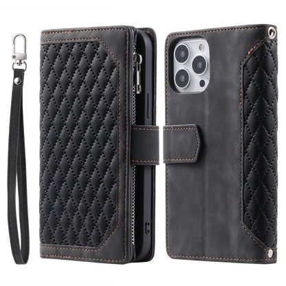 For iPhone 13 Pro 6.1 inch 005 Wallet Design Folio Flip Magnetic Phone Cover Rhombus Grid Texture PU Leather Zipper Pocket Stand Case