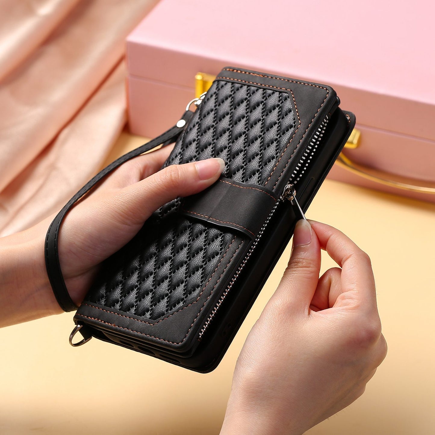For iPhone 13 Pro 6.1 inch 005 Wallet Design Folio Flip Magnetic Phone Cover Rhombus Grid Texture PU Leather Zipper Pocket Stand Case