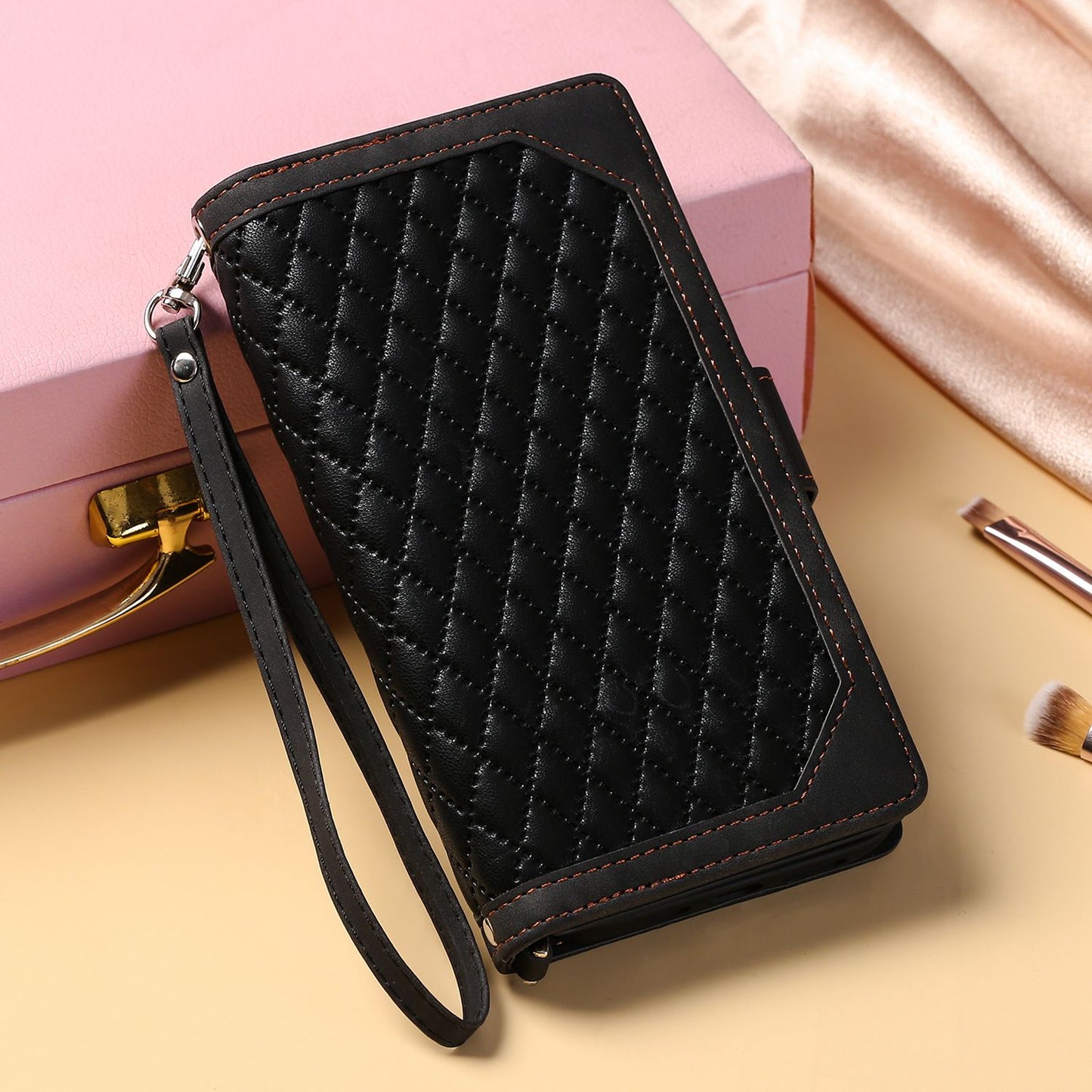 For iPhone 13 Pro 6.1 inch 005 Wallet Design Folio Flip Magnetic Phone Cover Rhombus Grid Texture PU Leather Zipper Pocket Stand Case