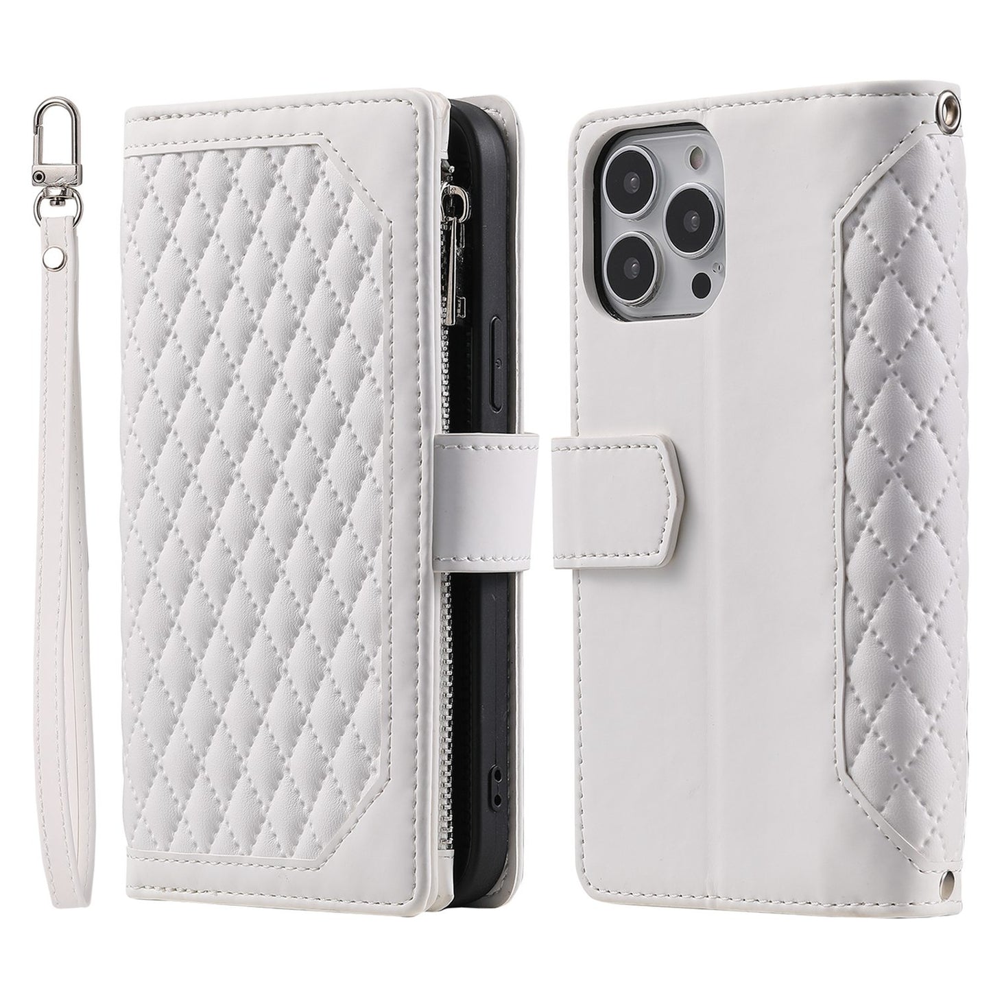 For iPhone 13 Pro 6.1 inch 005 Wallet Design Folio Flip Magnetic Phone Cover Rhombus Grid Texture PU Leather Zipper Pocket Stand Case
