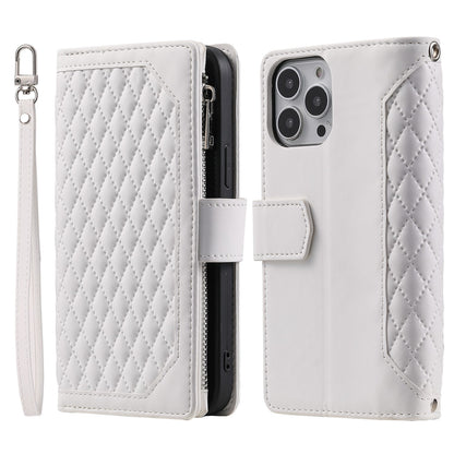 For iPhone 13 Pro 6.1 inch 005 Wallet Design Folio Flip Magnetic Phone Cover Rhombus Grid Texture PU Leather Zipper Pocket Stand Case