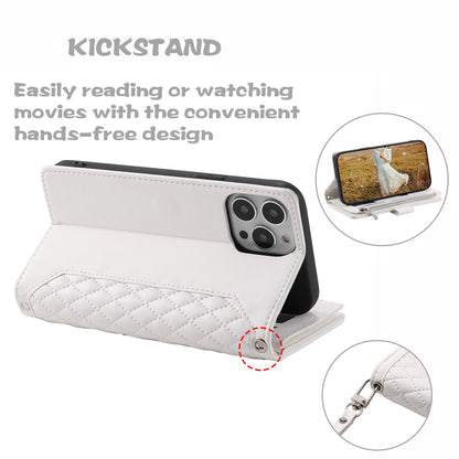 For iPhone 13 Pro 6.1 inch 005 Wallet Design Folio Flip Magnetic Phone Cover Rhombus Grid Texture PU Leather Zipper Pocket Stand Case
