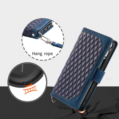 005 Phone Covering Shell for Samsung Galaxy A52s 5G  /  A52 5G / 4G, Rhombus Grid Textured PU Leather Phone Case Zipper Pocket Stand Wallet with Strap