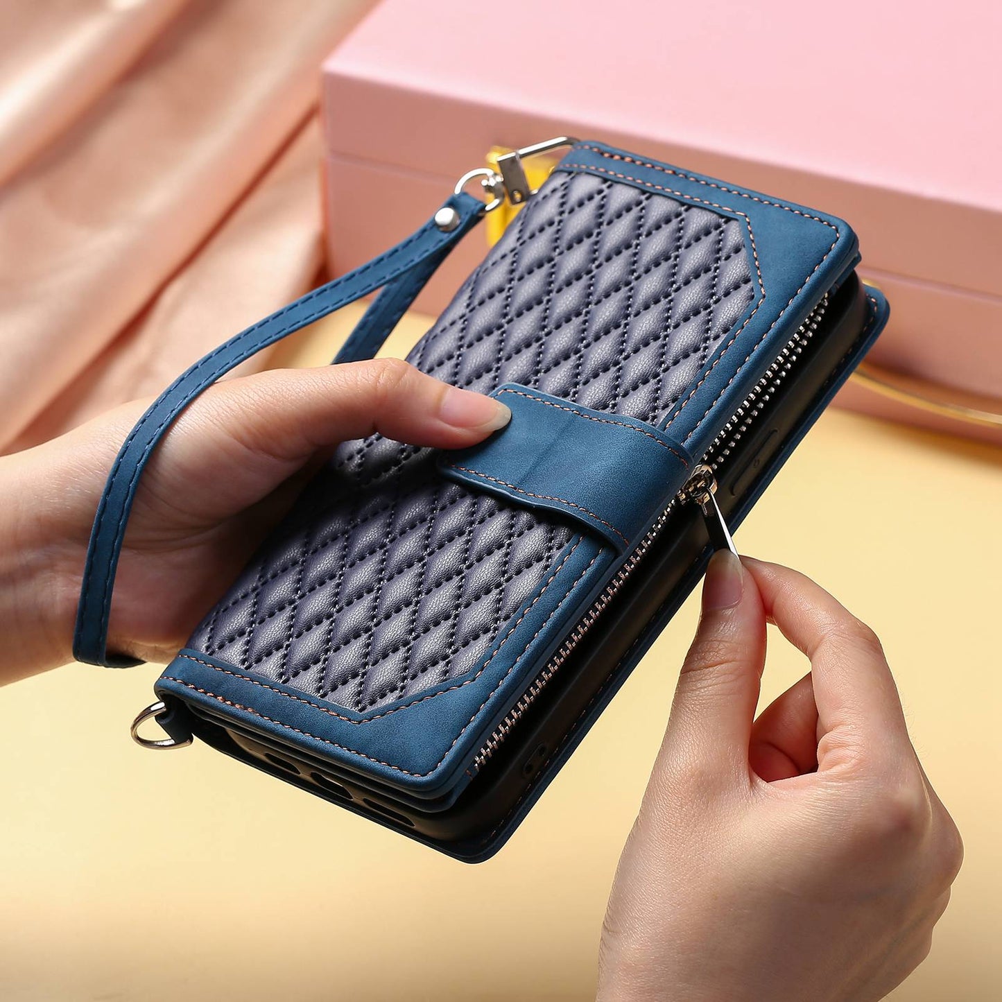 005 Phone Covering Shell for Samsung Galaxy A52s 5G  /  A52 5G / 4G, Rhombus Grid Textured PU Leather Phone Case Zipper Pocket Stand Wallet with Strap