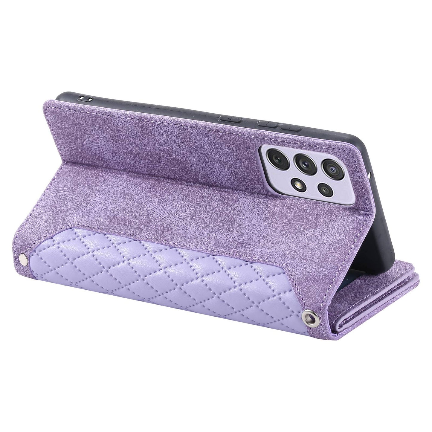 005 Phone Covering Shell for Samsung Galaxy A52s 5G  /  A52 5G / 4G, Rhombus Grid Textured PU Leather Phone Case Zipper Pocket Stand Wallet with Strap