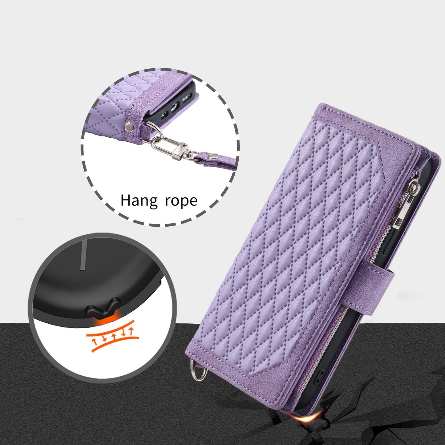 005 Phone Covering Shell for Samsung Galaxy A52s 5G  /  A52 5G / 4G, Rhombus Grid Textured PU Leather Phone Case Zipper Pocket Stand Wallet with Strap