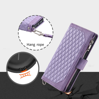 005 Phone Covering Shell for Samsung Galaxy A52s 5G  /  A52 5G / 4G, Rhombus Grid Textured PU Leather Phone Case Zipper Pocket Stand Wallet with Strap
