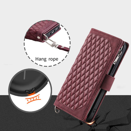 005 Phone Covering Shell for Samsung Galaxy A52s 5G  /  A52 5G / 4G, Rhombus Grid Textured PU Leather Phone Case Zipper Pocket Stand Wallet with Strap