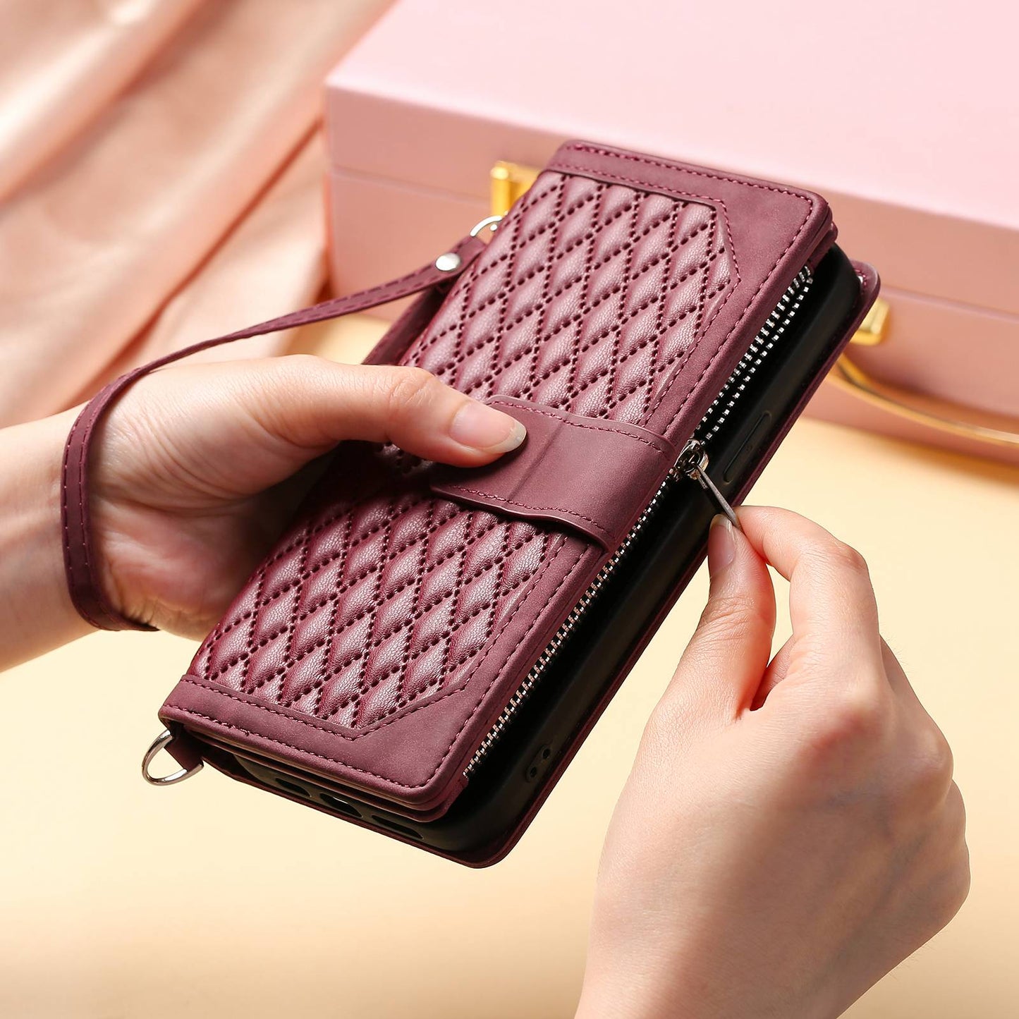 005 Phone Covering Shell for Samsung Galaxy A52s 5G  /  A52 5G / 4G, Rhombus Grid Textured PU Leather Phone Case Zipper Pocket Stand Wallet with Strap
