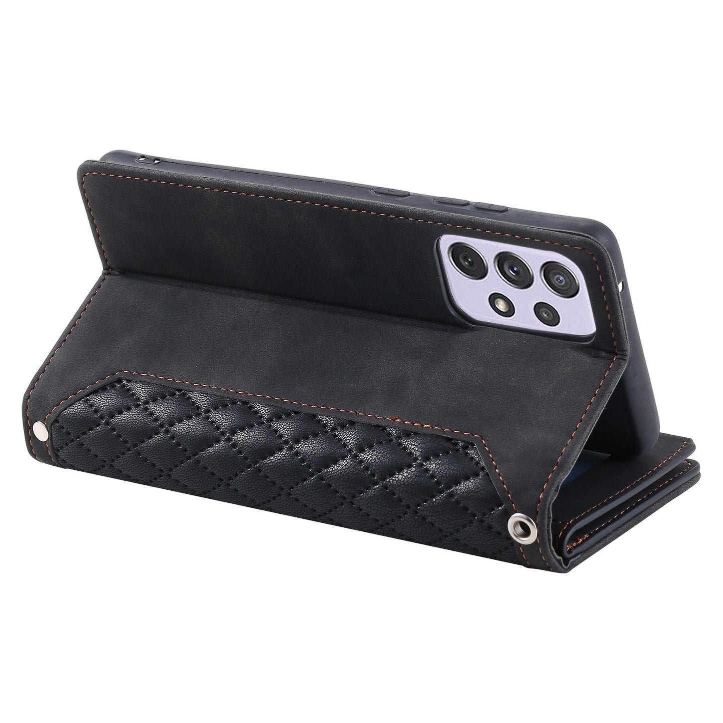 005 Phone Covering Shell for Samsung Galaxy A52s 5G  /  A52 5G / 4G, Rhombus Grid Textured PU Leather Phone Case Zipper Pocket Stand Wallet with Strap