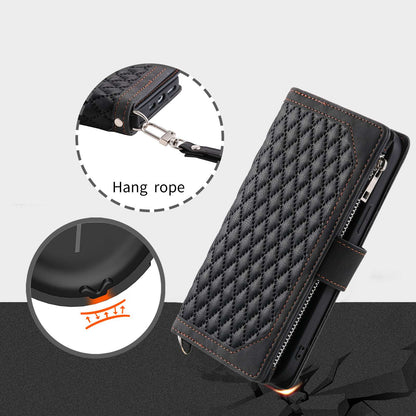 005 Phone Covering Shell for Samsung Galaxy A52s 5G  /  A52 5G / 4G, Rhombus Grid Textured PU Leather Phone Case Zipper Pocket Stand Wallet with Strap