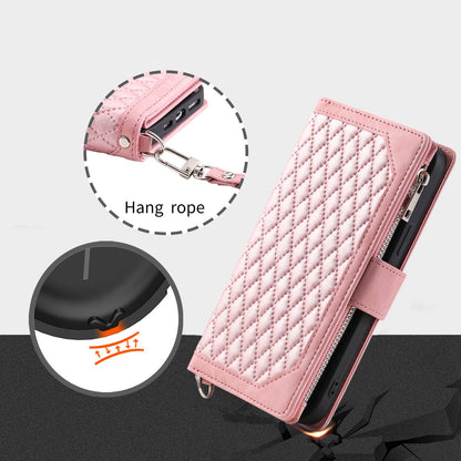 005 Phone Covering Shell for Samsung Galaxy A52s 5G  /  A52 5G / 4G, Rhombus Grid Textured PU Leather Phone Case Zipper Pocket Stand Wallet with Strap