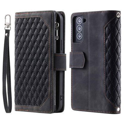 005 Style for Samsung Galaxy S22 5G Stylish Rhombus Texture PU Leather Phone Cover Zipper Pocket Card Cash Holder Shockproof Shell with Wrist Strap