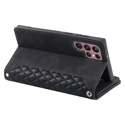 005 Style for Samsung Galaxy S22 Ultra 5G Rhombus Texture PU Leather Phone Wallet Stand Cover Zipper Pocket Design Anti-drop Case with Wrist Strap