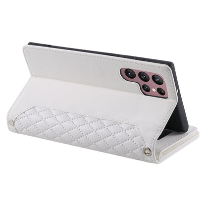 005 Style for Samsung Galaxy S22 Ultra 5G Rhombus Texture PU Leather Phone Wallet Stand Cover Zipper Pocket Design Anti-drop Case with Wrist Strap
