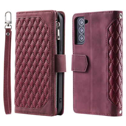 005 Style for Samsung Galaxy S22+ 5G Zipper Pocket Design PU Leather Phone Drop-proof Cover Rhombus Texture Stand Wallet Case with Strap