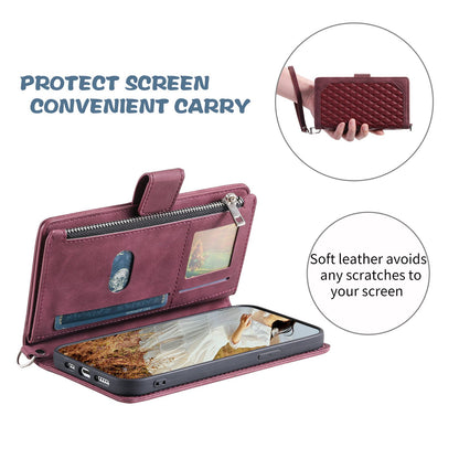 005 Style for Samsung Galaxy S22+ 5G Zipper Pocket Design PU Leather Phone Drop-proof Cover Rhombus Texture Stand Wallet Case with Strap