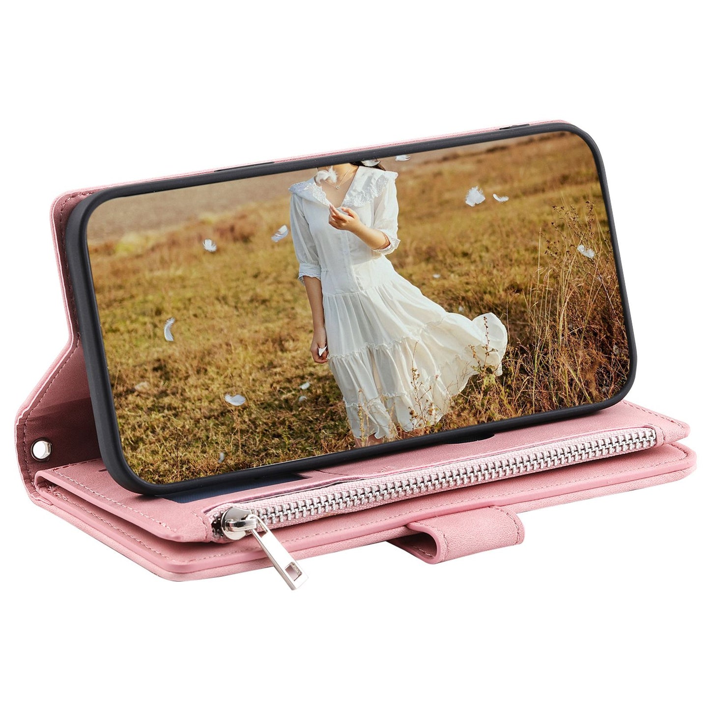 005 Style for Samsung Galaxy S22+ 5G Zipper Pocket Design PU Leather Phone Drop-proof Cover Rhombus Texture Stand Wallet Case with Strap