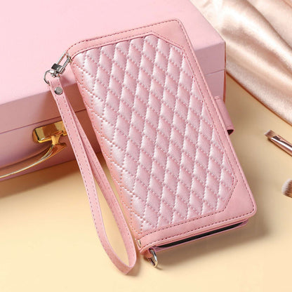 005 Style for Samsung Galaxy S22+ 5G Zipper Pocket Design PU Leather Phone Drop-proof Cover Rhombus Texture Stand Wallet Case with Strap