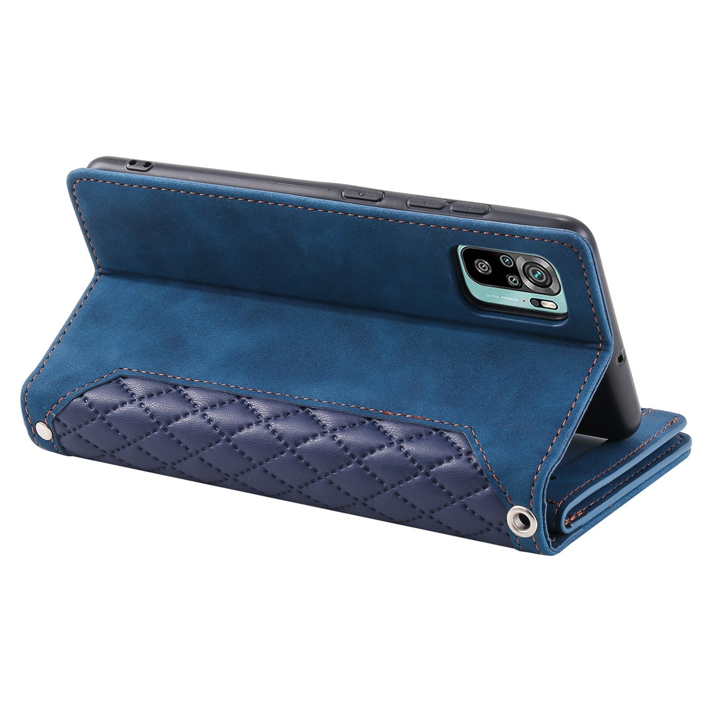 005 Style for Xiaomi Poco M5s 4G / Redmi Note 10 4G / Redmi Note 10S 4G Scratch Resistant Rhombus Texture Phone Case PU Leather Zipper Pocket Stand Wallet Cover with Wrist Strap