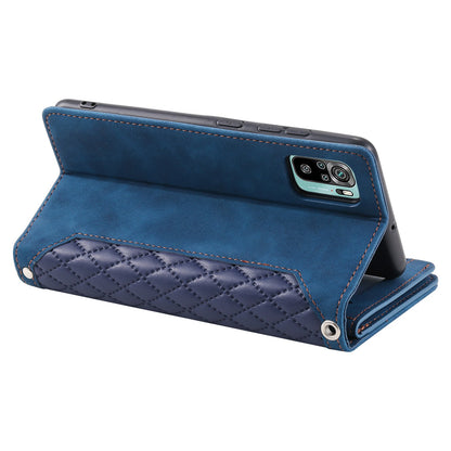 005 Style for Xiaomi Poco M5s 4G / Redmi Note 10 4G / Redmi Note 10S 4G Scratch Resistant Rhombus Texture Phone Case PU Leather Zipper Pocket Stand Wallet Cover with Wrist Strap