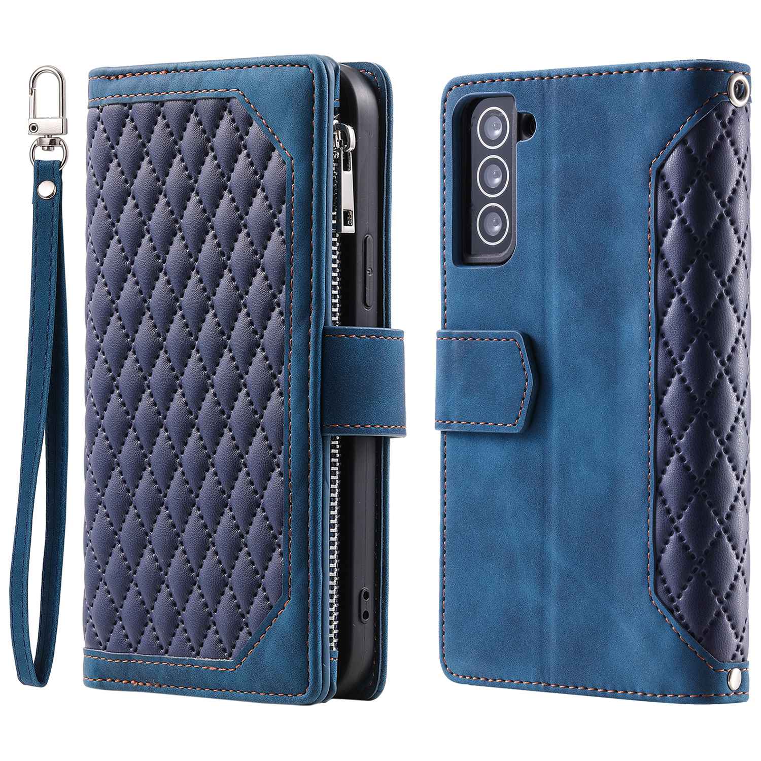 005 Style for Samsung Galaxy S21+ 5G Zipper Pocket Rhombus Texture PU Leather Case Phone Stand Wallet Cover with Wrist Strap