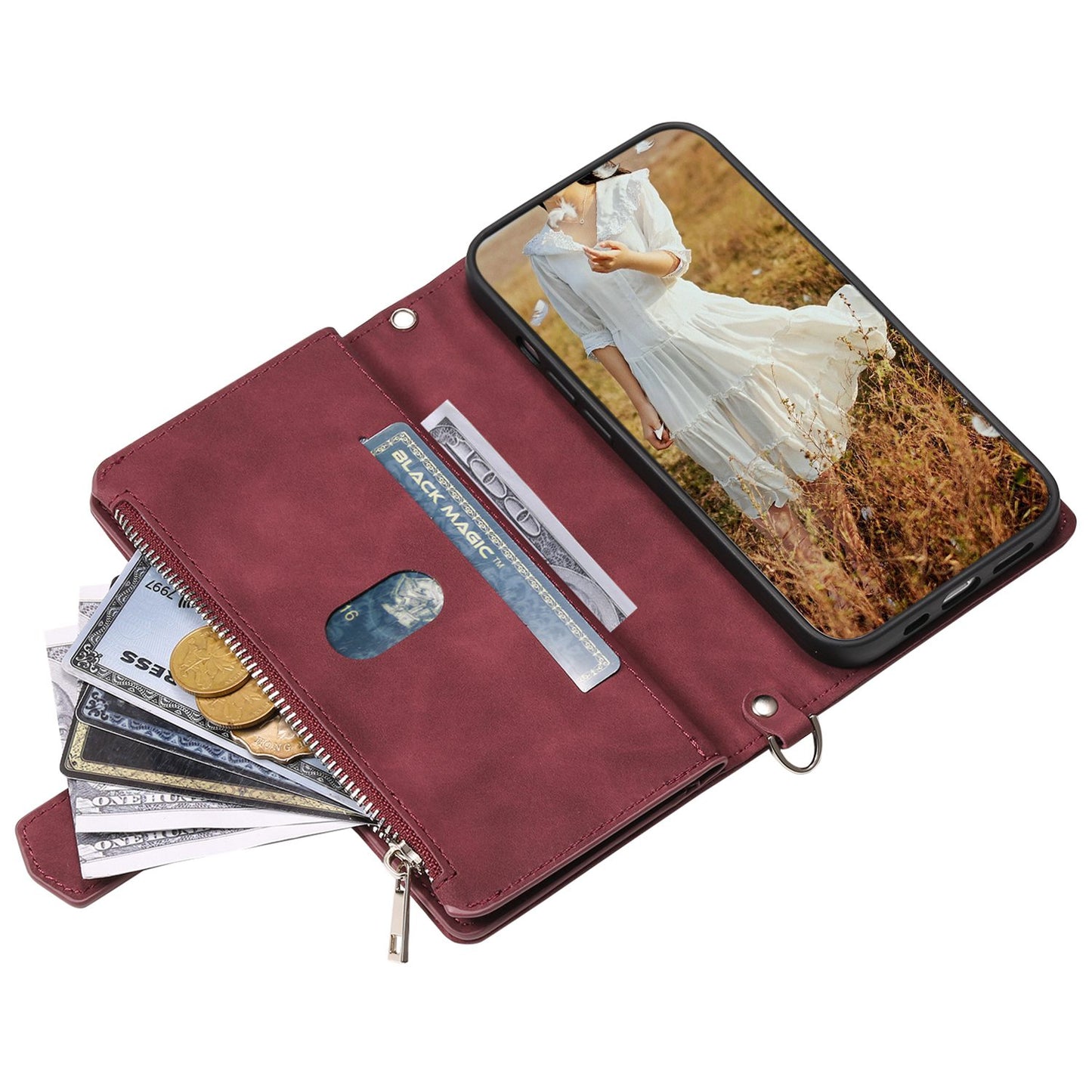 005 Style for Samsung Galaxy S21 FE 5G Rhombus Texture Anti-drop Phone Case PU Leather Zipper Pocket Stand Wallet Cover with Wrist Strap