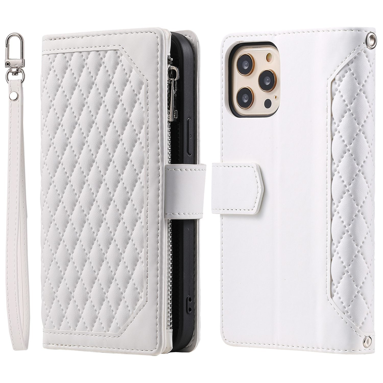 005 Style for iPhone 12 6.1 inch / 12 Pro 6.1 inch Rhombus Texture Zipper Pocket Phone Cover with Strap, PU Leather Stand Wallet Case