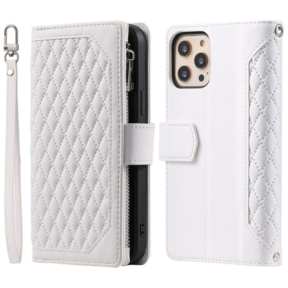005 Style for iPhone 12 6.1 inch / 12 Pro 6.1 inch Rhombus Texture Zipper Pocket Phone Cover with Strap, PU Leather Stand Wallet Case
