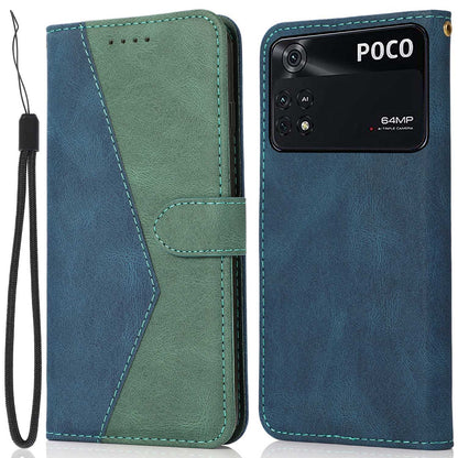 For Xiaomi Poco M4 Pro 4G Color Splicing Phone Full-protection Cover Flip Stand Wallet PU Leather Case with Wrist Strap