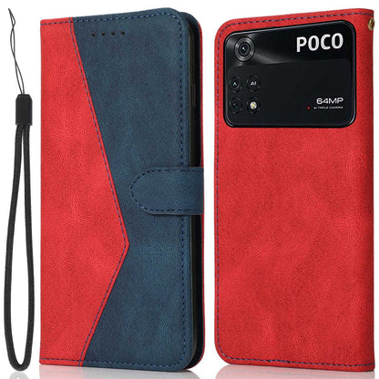 For Xiaomi Poco M4 Pro 4G Color Splicing Phone Full-protection Cover Flip Stand Wallet PU Leather Case with Wrist Strap