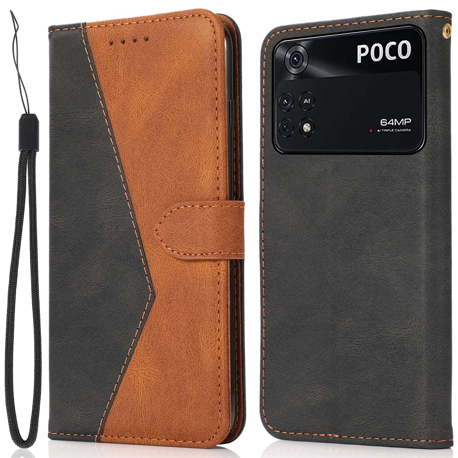 For Xiaomi Poco M4 Pro 4G Color Splicing Phone Full-protection Cover Flip Stand Wallet PU Leather Case with Wrist Strap