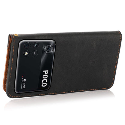 For Xiaomi Poco M4 Pro 4G Color Splicing Phone Full-protection Cover Flip Stand Wallet PU Leather Case with Wrist Strap