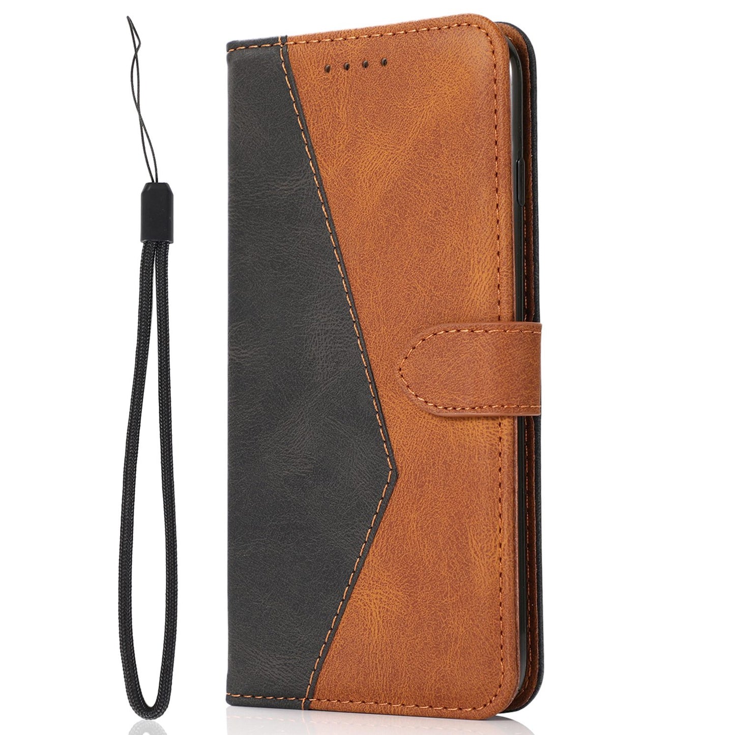 For Xiaomi Poco M4 Pro 4G Color Splicing Phone Full-protection Cover Flip Stand Wallet PU Leather Case with Wrist Strap