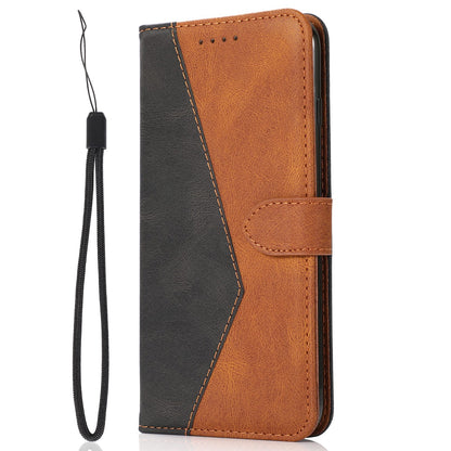 For Xiaomi Poco M4 Pro 4G Color Splicing Phone Full-protection Cover Flip Stand Wallet PU Leather Case with Wrist Strap