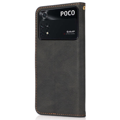 For Xiaomi Poco M4 Pro 4G Color Splicing Phone Full-protection Cover Flip Stand Wallet PU Leather Case with Wrist Strap