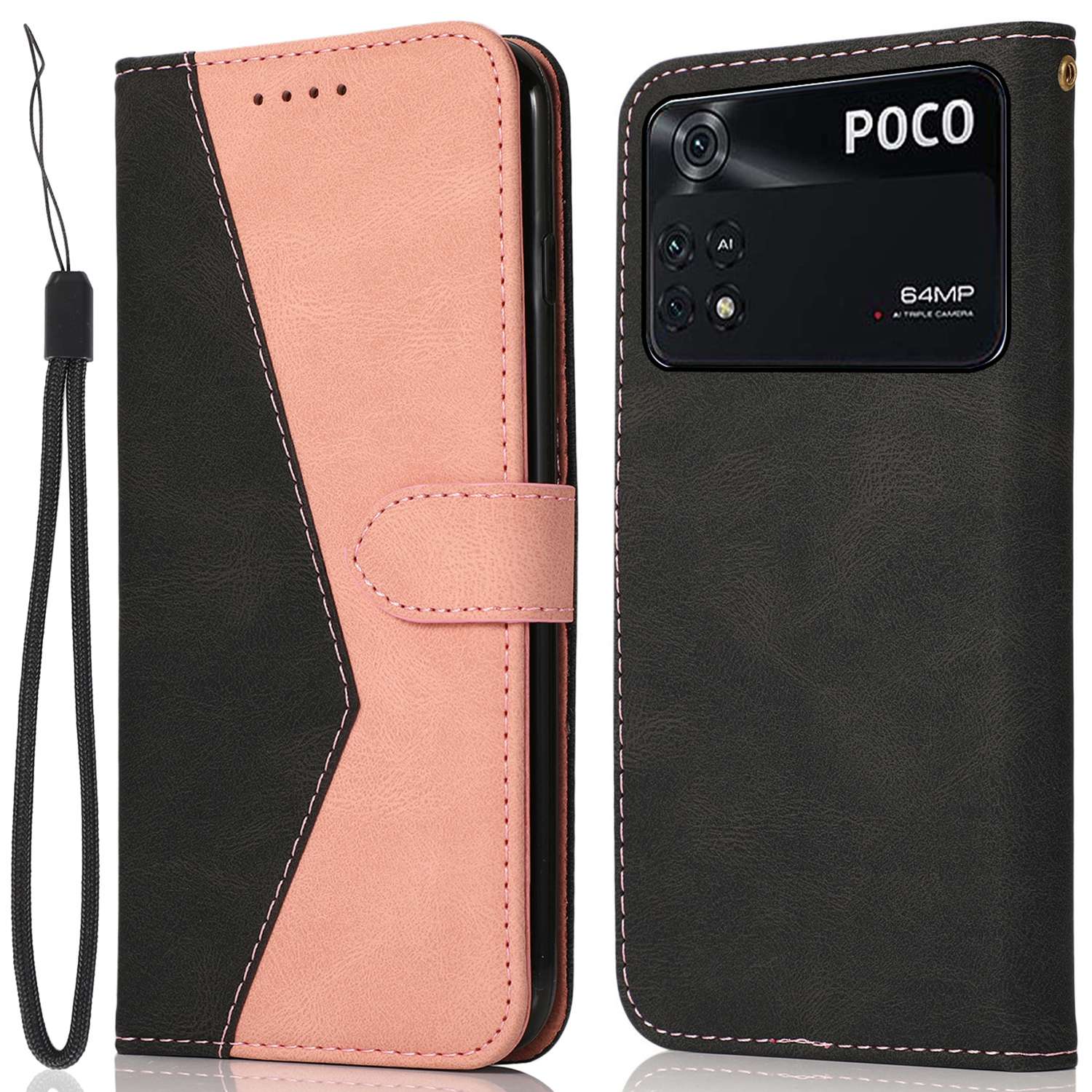 For Xiaomi Poco M4 Pro 4G Color Splicing Phone Full-protection Cover Flip Stand Wallet PU Leather Case with Wrist Strap