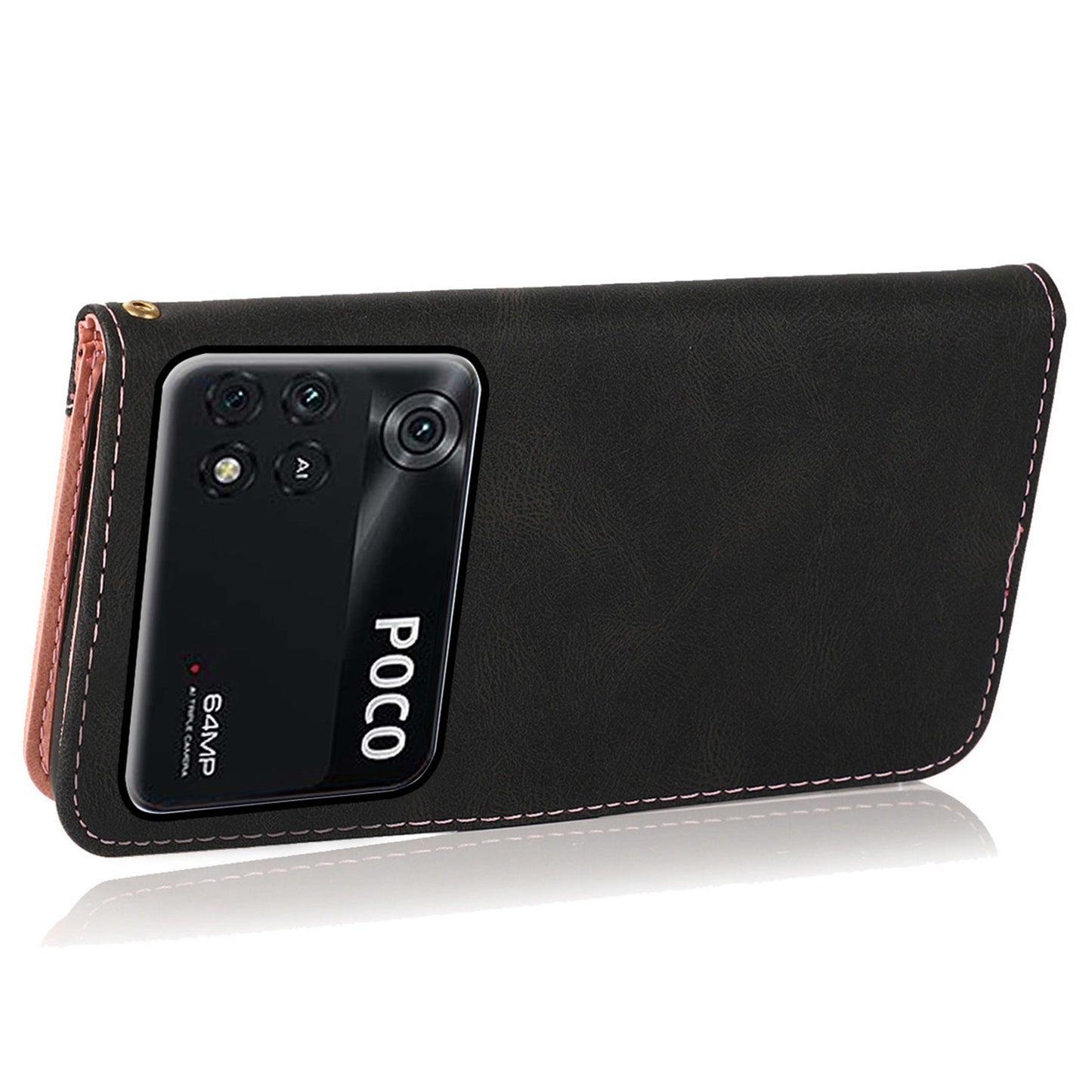For Xiaomi Poco M4 Pro 4G Color Splicing Phone Full-protection Cover Flip Stand Wallet PU Leather Case with Wrist Strap
