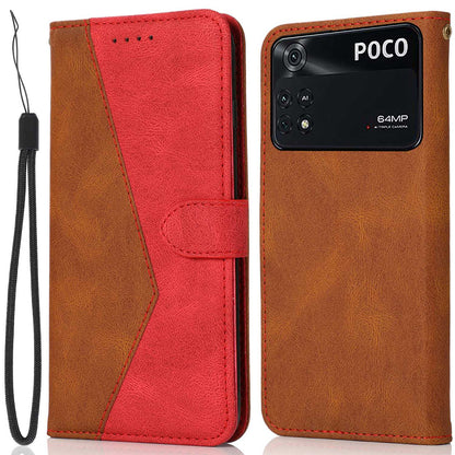 For Xiaomi Poco M4 Pro 4G Color Splicing Phone Full-protection Cover Flip Stand Wallet PU Leather Case with Wrist Strap