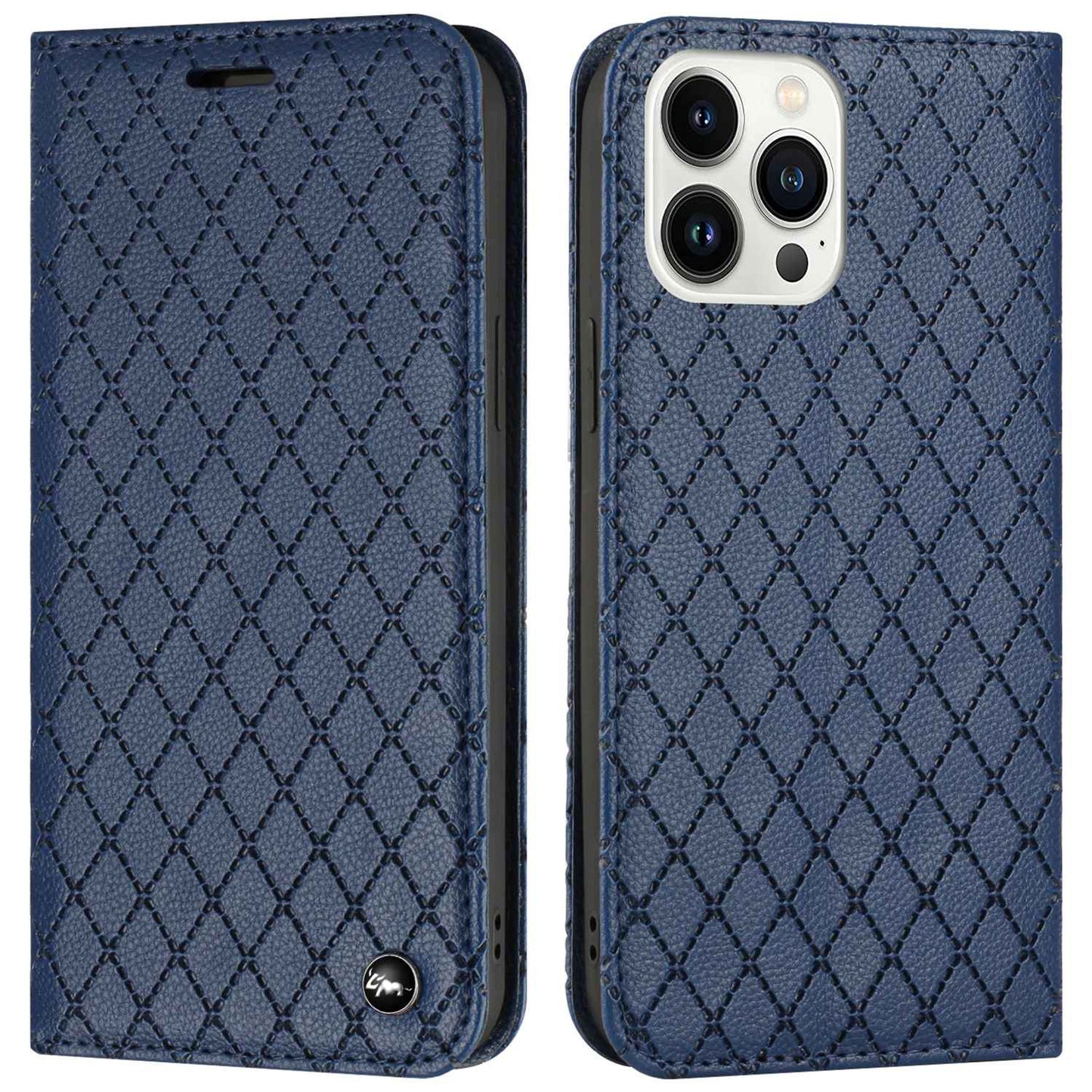 Embossed Rhombus Pattern Wallet Case for iPhone 13 Pro 6.1 inch Folio Flip Protective Cover Litchi Texture PU Leather Stand Case RFID Blocking Phone Cover