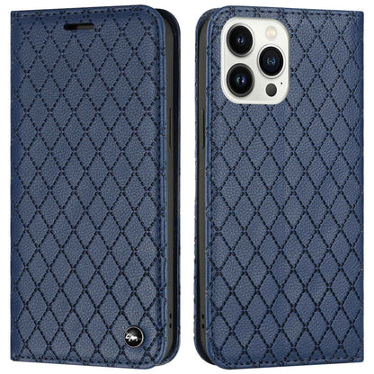 Embossed Rhombus Pattern Wallet Case for iPhone 13 Pro 6.1 inch Folio Flip Protective Cover Litchi Texture PU Leather Stand Case RFID Blocking Phone Cover