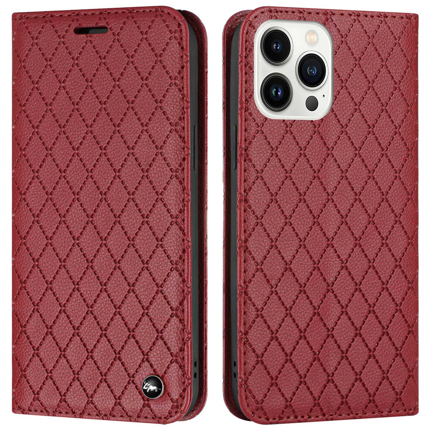Embossed Rhombus Pattern Wallet Case for iPhone 13 Pro 6.1 inch Folio Flip Protective Cover Litchi Texture PU Leather Stand Case RFID Blocking Phone Cover