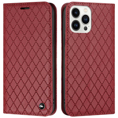Embossed Rhombus Pattern Wallet Case for iPhone 13 Pro 6.1 inch Folio Flip Protective Cover Litchi Texture PU Leather Stand Case RFID Blocking Phone Cover