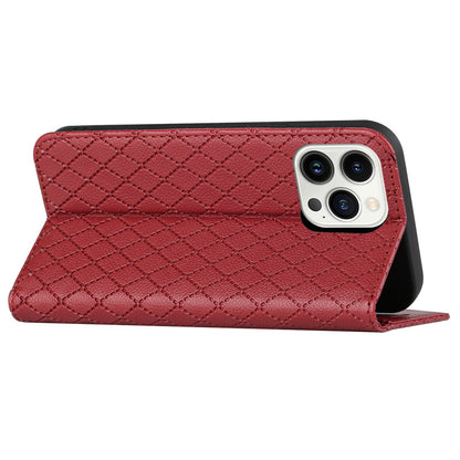 Embossed Rhombus Pattern Wallet Case for iPhone 13 Pro 6.1 inch Folio Flip Protective Cover Litchi Texture PU Leather Stand Case RFID Blocking Phone Cover