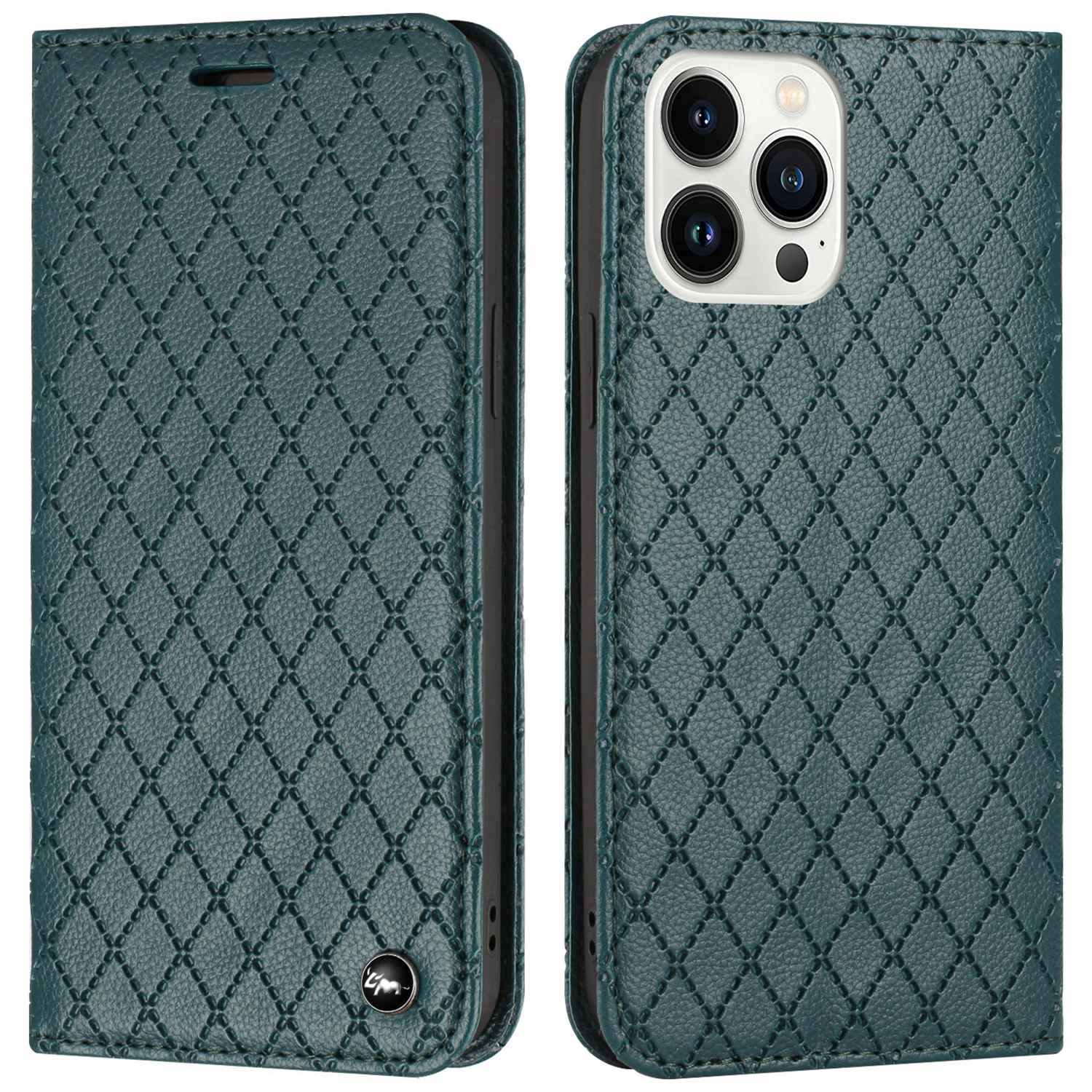 Embossed Rhombus Pattern Wallet Case for iPhone 13 Pro 6.1 inch Folio Flip Protective Cover Litchi Texture PU Leather Stand Case RFID Blocking Phone Cover