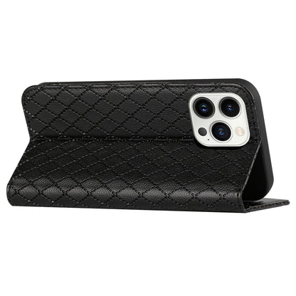Embossed Rhombus Pattern Wallet Case for iPhone 13 Pro 6.1 inch Folio Flip Protective Cover Litchi Texture PU Leather Stand Case RFID Blocking Phone Cover