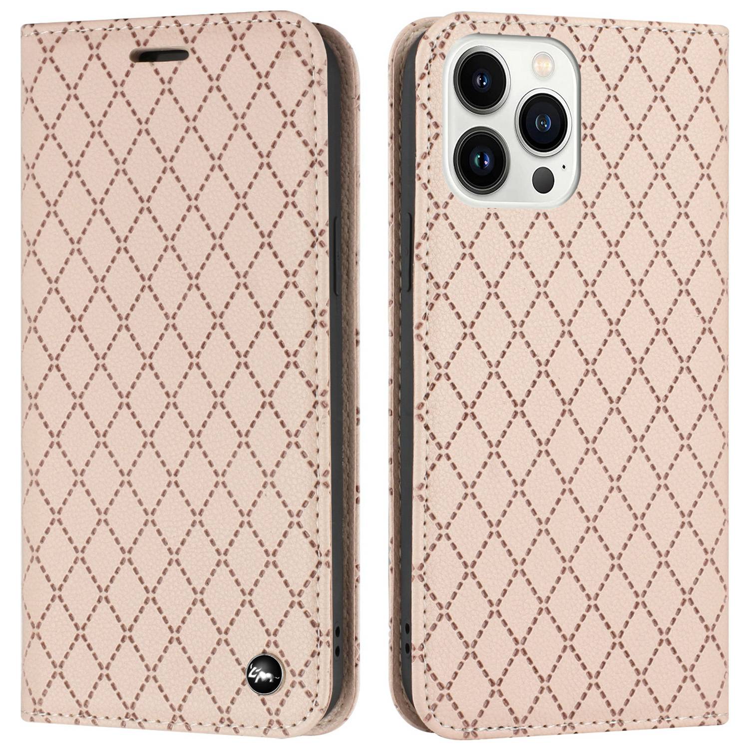 Embossed Rhombus Pattern Wallet Case for iPhone 13 Pro 6.1 inch Folio Flip Protective Cover Litchi Texture PU Leather Stand Case RFID Blocking Phone Cover