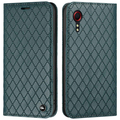 RFID Blocking Protective Cover for Samsung Galaxy Xcover 5, Rhombus Embossing Litchi Texture PU Leather Shell Flip Stand Wallet Phone Case